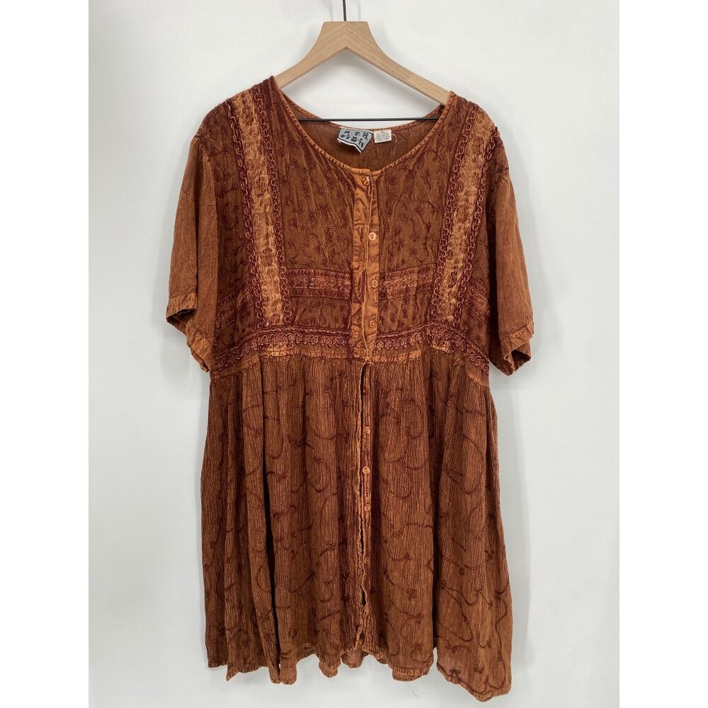 M.P.H. Women’s 3X BROWN Rayon Short Sleeve Embroidered Boho India Midi Dress